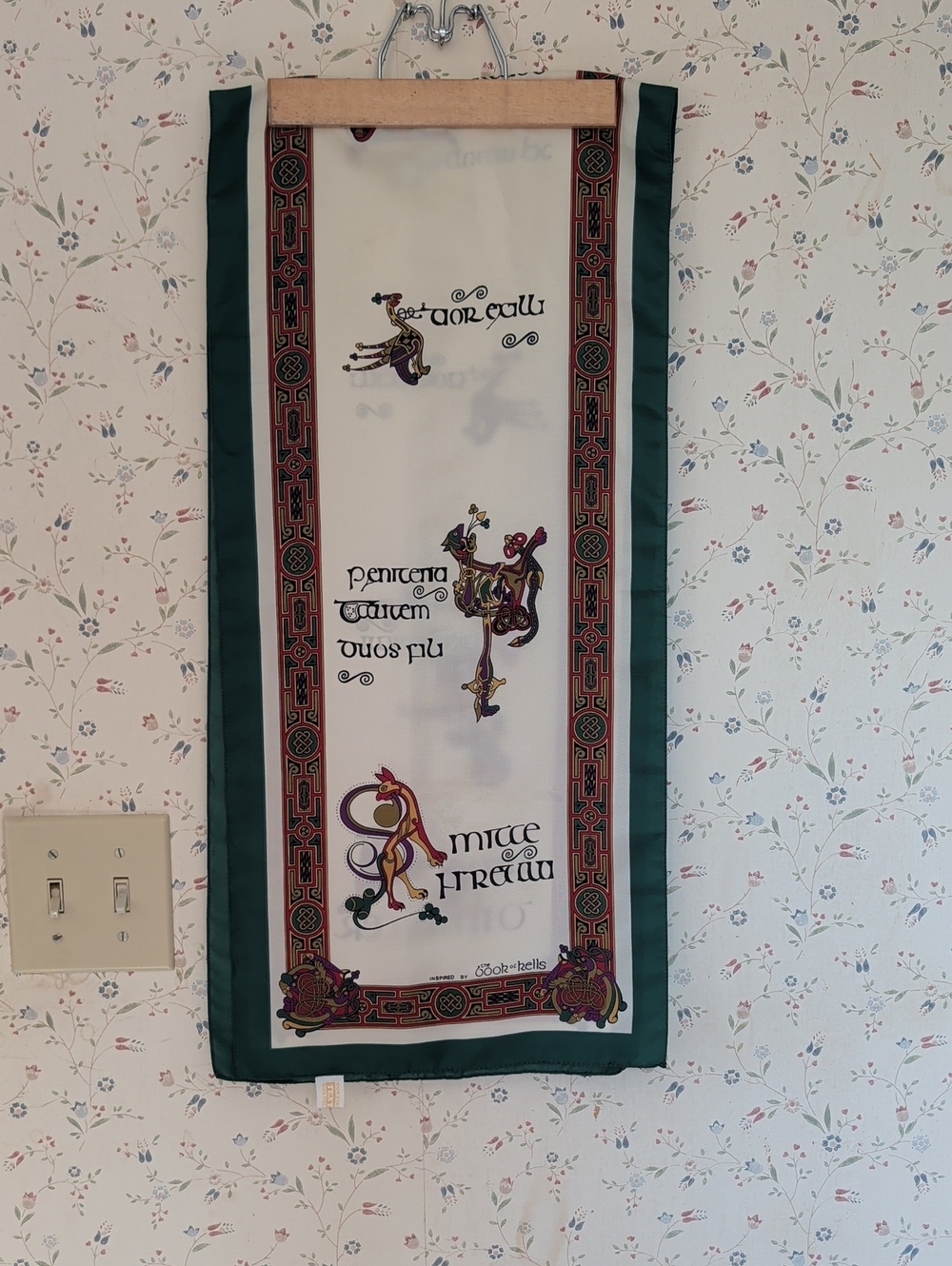 Celtic Scarf Book of Kells Green Cream Gaelic Language 12" x 52"